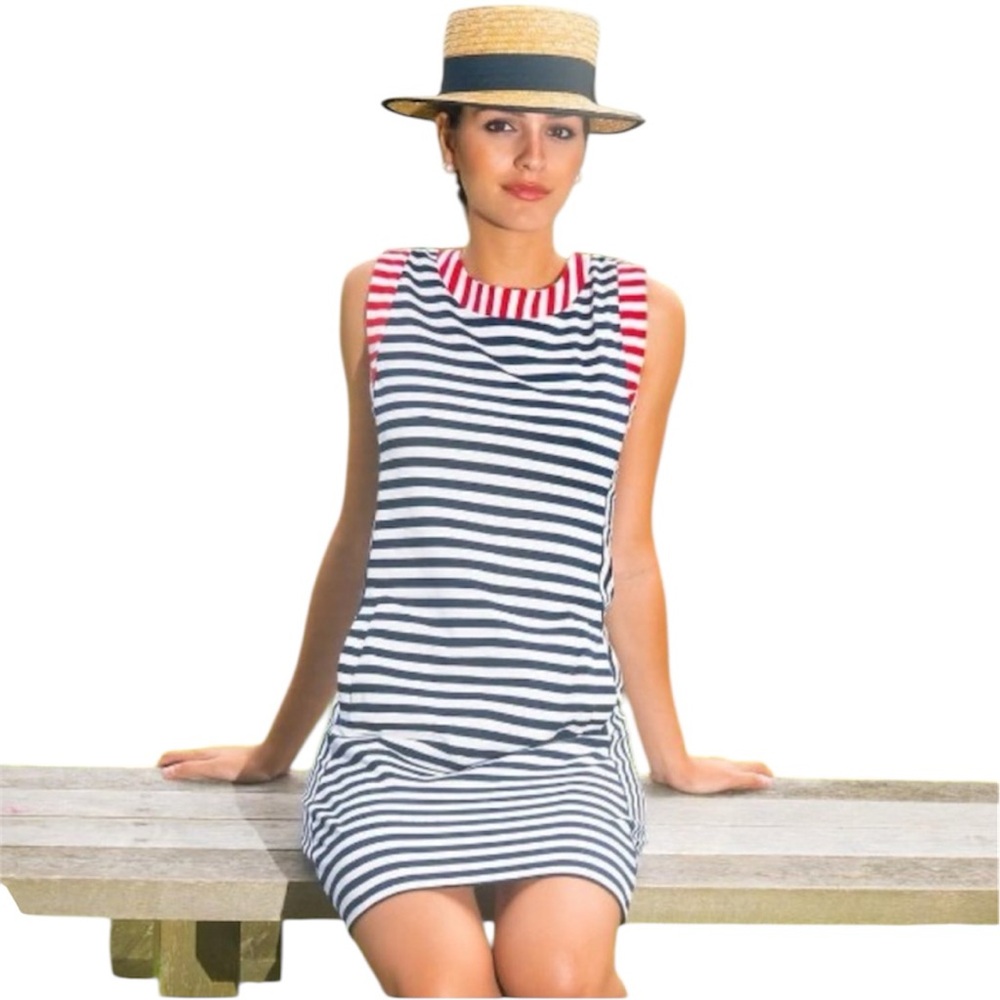 Gretchen Scott Designs Dress Navy Blue Red White Stripes Cotton Blend Size Small
